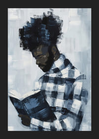 Ein Mann, der in einem Buch versunken ist, umgeben von gedämpften Blautönen-5