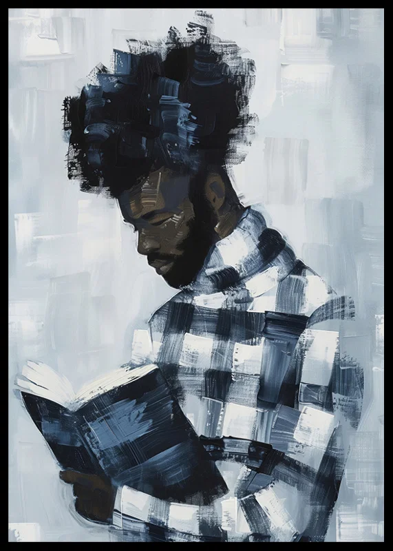 A man lost in a book, surrounded by muted blue tones-12