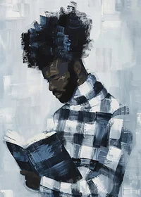 A man lost in a book, surrounded by muted blue tones-7