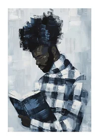 A man lost in a book, surrounded by muted blue tones-1