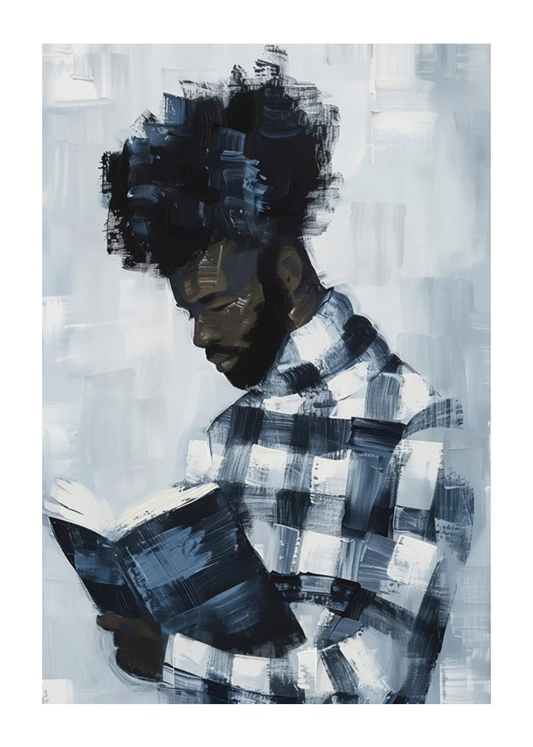 A man lost in a book, surrounded by muted blue tones-12