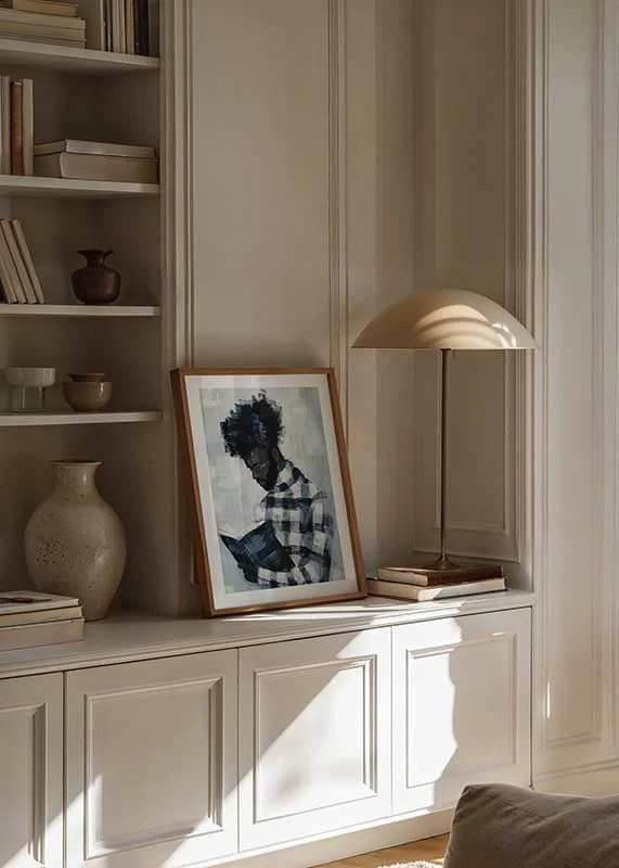 A man lost in a book, surrounded by muted blue tones-12