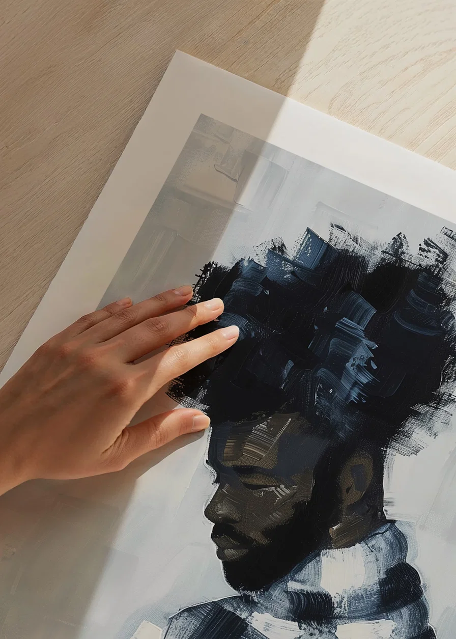 A man lost in a book, surrounded by muted blue tones-12