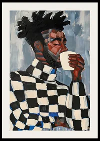 A man in plaid drinks coffee in an artistic expression-2