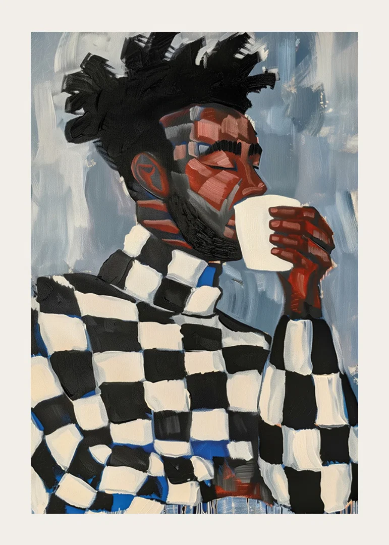 A man in plaid drinks coffee in an artistic expression-12