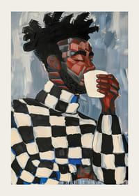 En mann i rutete drikker kaffe i et kunstnerisk uttrykk-3