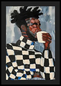 A man in plaid drinks coffee in an artistic expression-4