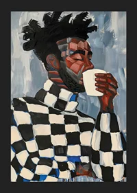 A man in plaid drinks coffee in an artistic expression-5