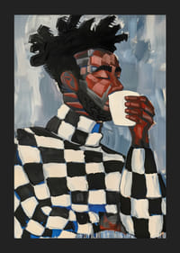 En mann i rutete drikker kaffe i et kunstnerisk uttrykk-5