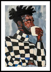 A man in plaid drinks coffee in an artistic expression-0