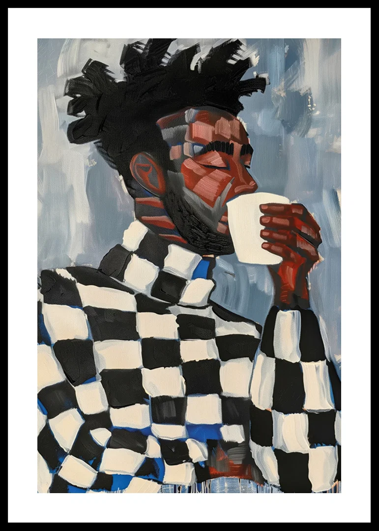 A man in plaid drinks coffee in an artistic expression-12