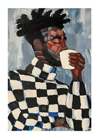 A man in plaid drinks coffee in an artistic expression-1