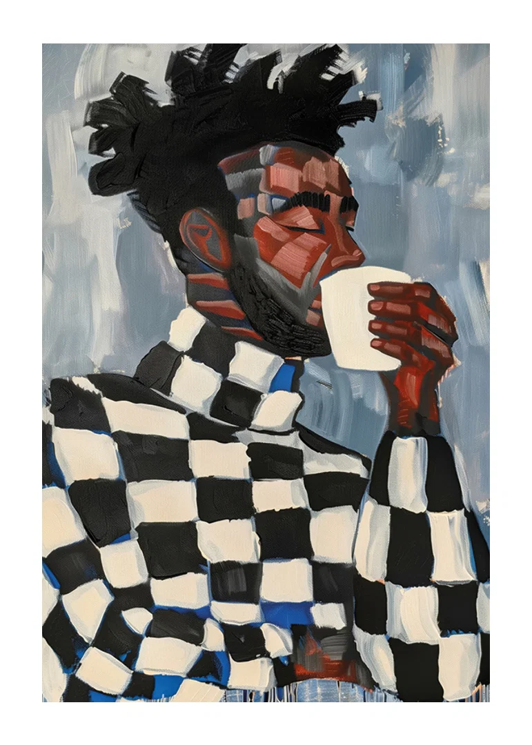 A man in plaid drinks coffee in an artistic expression-12