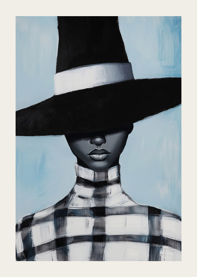 A mysterious figure wears a wide-brimmed hat in black and white-12