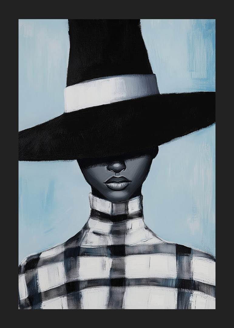 En mystisk figur bär en bredbrättad hatt i svartvitt-12