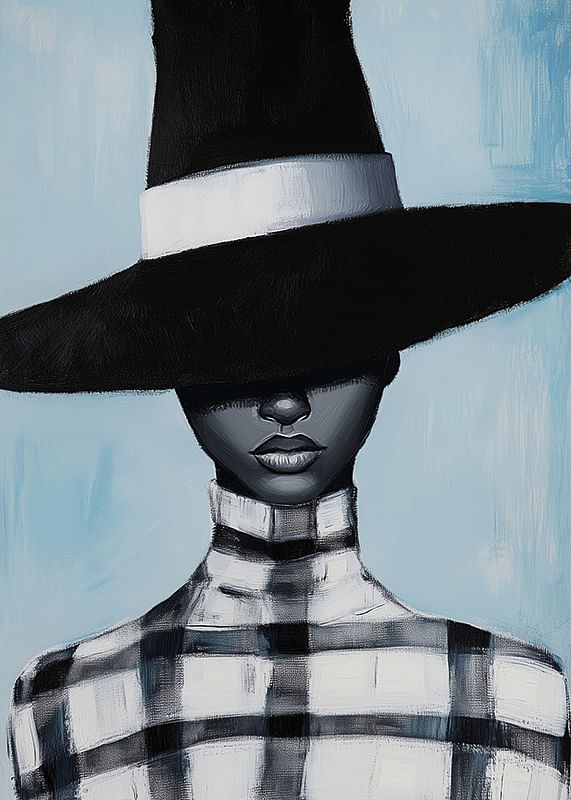 A mysterious figure wears a wide-brimmed hat in black and white-12
