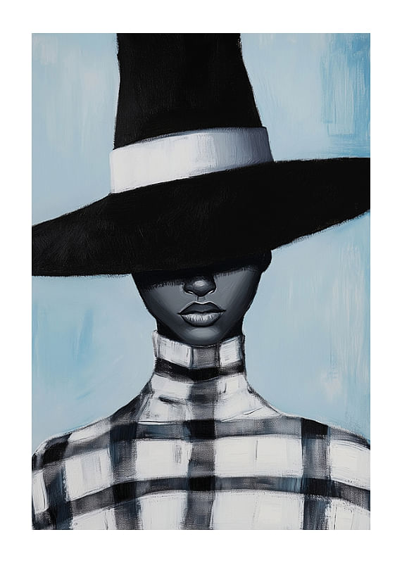 A mysterious figure wears a wide-brimmed hat in black and white-12