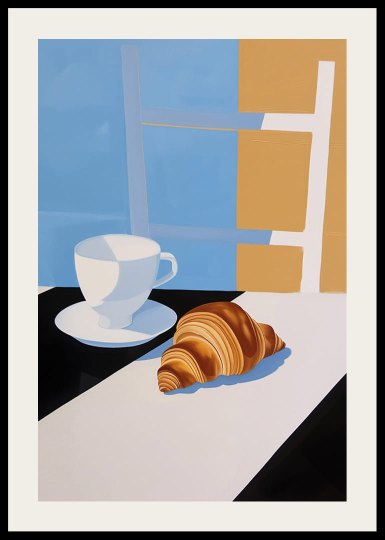 Štýlové raňajky so šálkou kávy a croissantom v jemných farbách-12