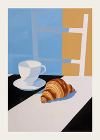 Štýlové raňajky so šálkou kávy a croissantom v jemných farbách-3