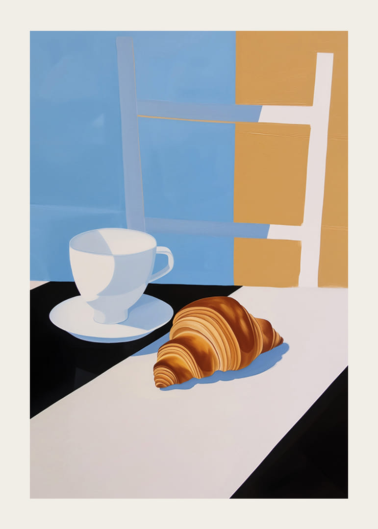 Štýlové raňajky so šálkou kávy a croissantom v jemných farbách-12