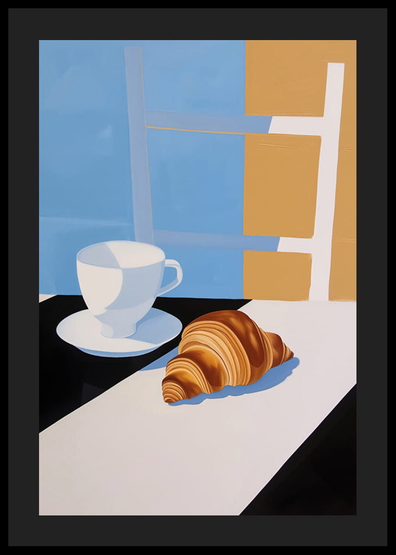 Štýlové raňajky so šálkou kávy a croissantom v jemných farbách-12