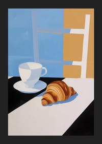 Štýlové raňajky so šálkou kávy a croissantom v jemných farbách-5