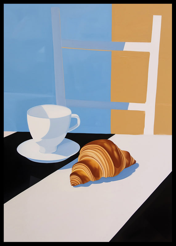 Stylish breakfast with coffee cup and croissant in soft colors-12