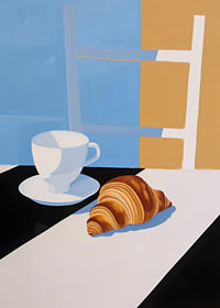 Stylish breakfast with coffee cup and croissant in soft colors-7