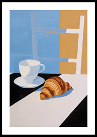 Stylish breakfast with coffee cup and croissant in soft colors-0
