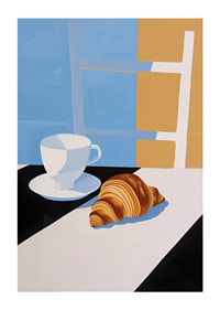 Stylish breakfast with coffee cup and croissant in soft colors-1