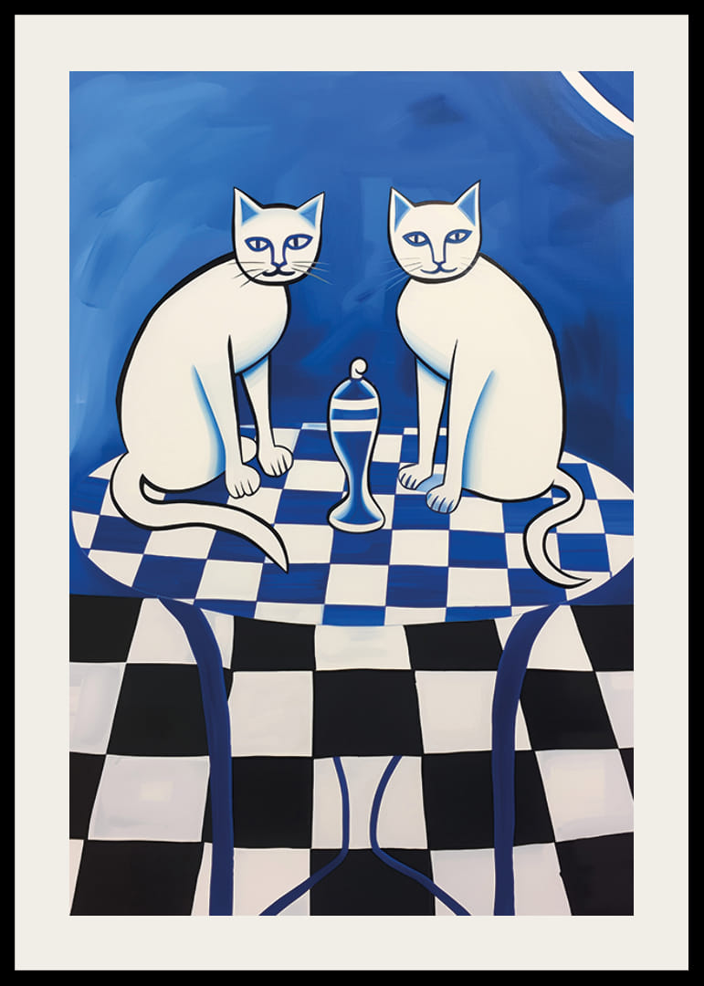 Two cats sitting on a blue-and-white checkered table-12
