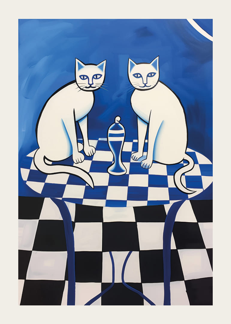 Two cats sitting on a blue-and-white checkered table-12