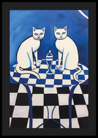 Two cats sitting on a blue-and-white checkered table-4