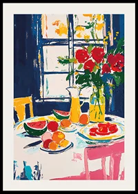 Färgsprudlande stilleben med frukt och blommor vid ett fönster-2