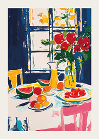 Farbenfrohes Stillleben mit Früchten und Blumen an einem Fenster-3