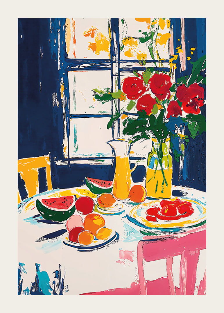Farbenfrohes Stillleben mit Früchten und Blumen an einem Fenster-12