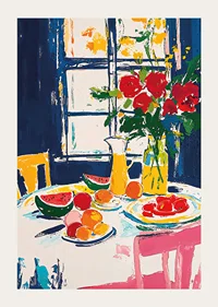 Färgsprudlande stilleben med frukt och blommor vid ett fönster-3