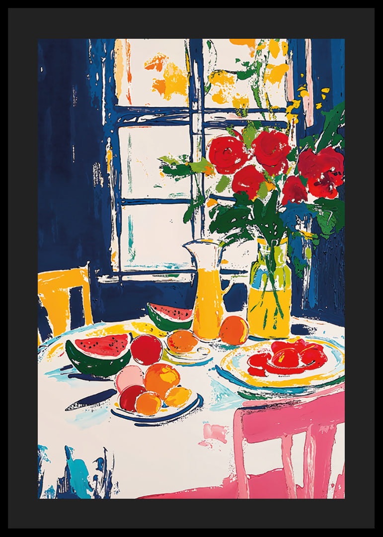 Farbenfrohes Stillleben mit Früchten und Blumen an einem Fenster-12