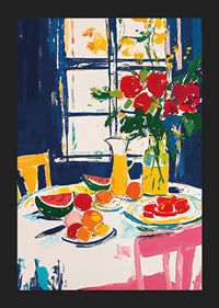 Farbenfrohes Stillleben mit Früchten und Blumen an einem Fenster-5