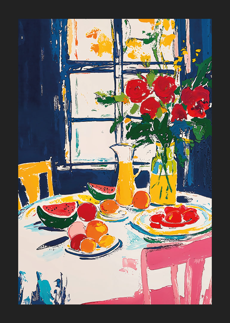 Farbenfrohes Stillleben mit Früchten und Blumen an einem Fenster-12