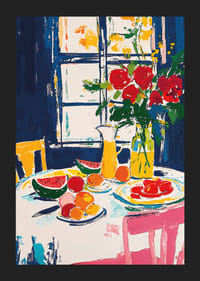 Farverigt stilleben med frugt og blomster ved et vindue-5