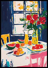 Farbenfrohes Stillleben mit Früchten und Blumen an einem Fenster-6
