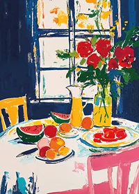 Färgsprudlande stilleben med frukt och blommor vid ett fönster-7