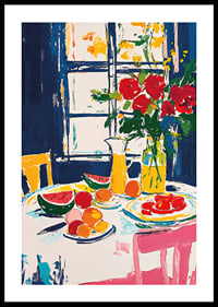Farbenfrohes Stillleben mit Früchten und Blumen an einem Fenster-0