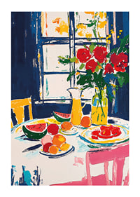 Farbenfrohes Stillleben mit Früchten und Blumen an einem Fenster-1