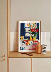 Färgsprudlande stilleben med frukt och blommor vid ett fönster-8