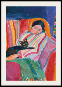 Värvikas stseen rahust magava naise ja kassiga-2