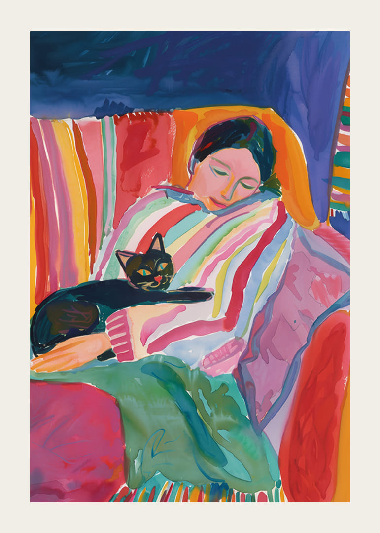 Värvikas stseen rahust magava naise ja kassiga-12