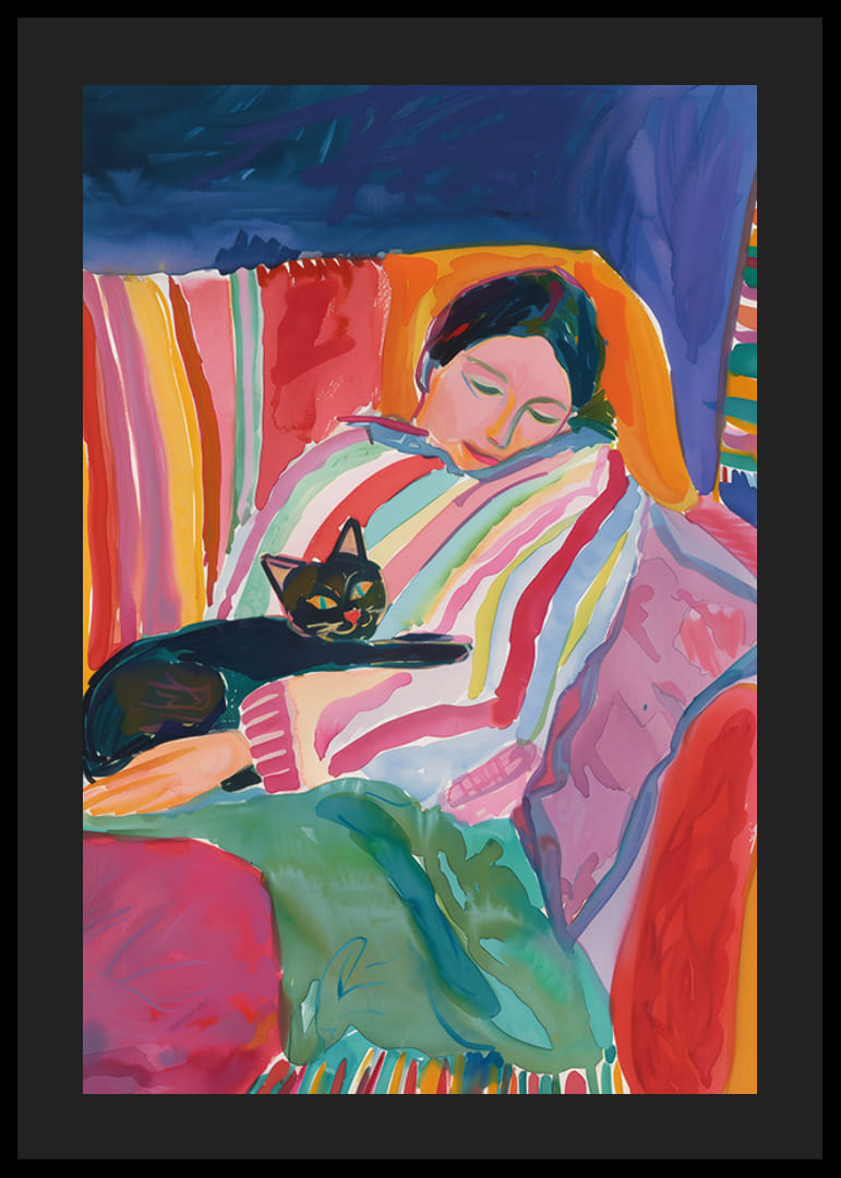 Värvikas stseen rahust magava naise ja kassiga-12