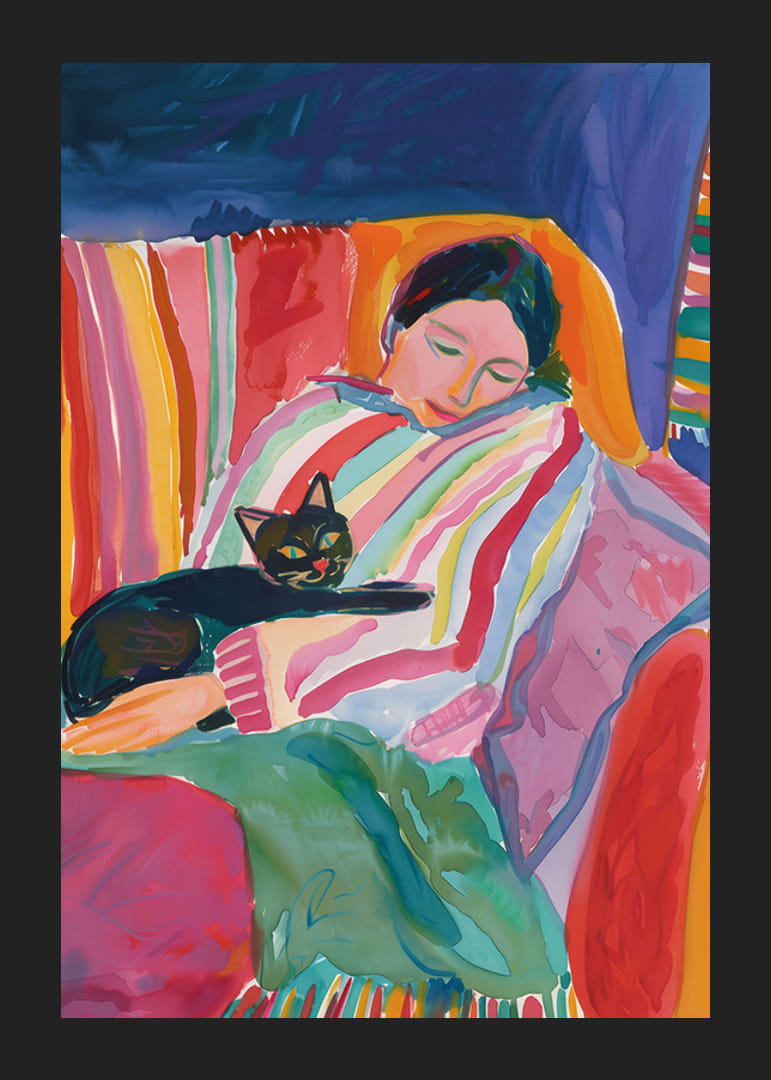 Värvikas stseen rahust magava naise ja kassiga-12